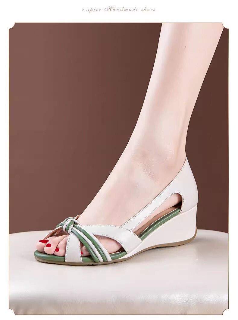 Sandal nữ gót nêm 4cm mũi hở cá tính, da mềm thoáng khí, đế dày tôn dáng — Màu đen, Màu trắng be