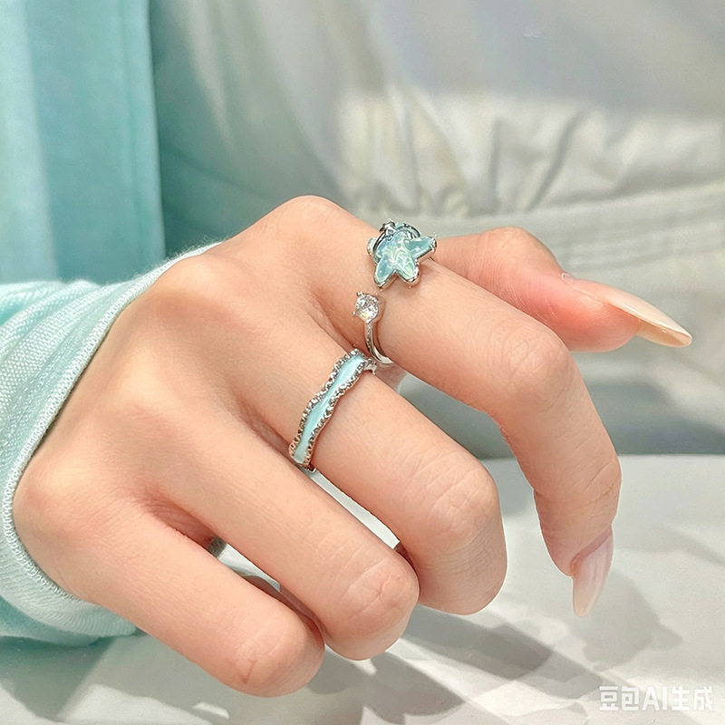mint green starfish zircon open ring women niche design high...