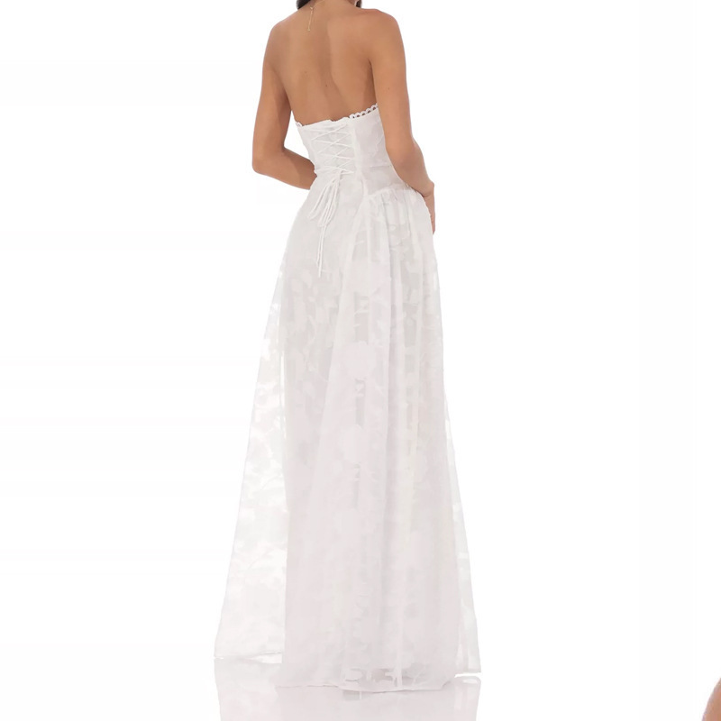Đầm dạ hội dài ren cổ tròn phối corset thắt eo dáng xòe — Màu trắng