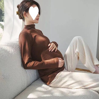 Maternity Spring & Fall Tops, Autumn and Winter Bottoming Shirts, Maternity Chenille Pants with Half Turtleneck Warm T-Shirts, Maternity Suits