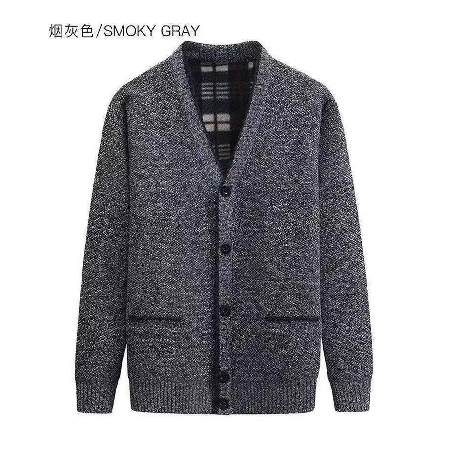 一件代发  冬季中年男加绒毛衣开衫 加厚V领中老年爸爸装针织外套