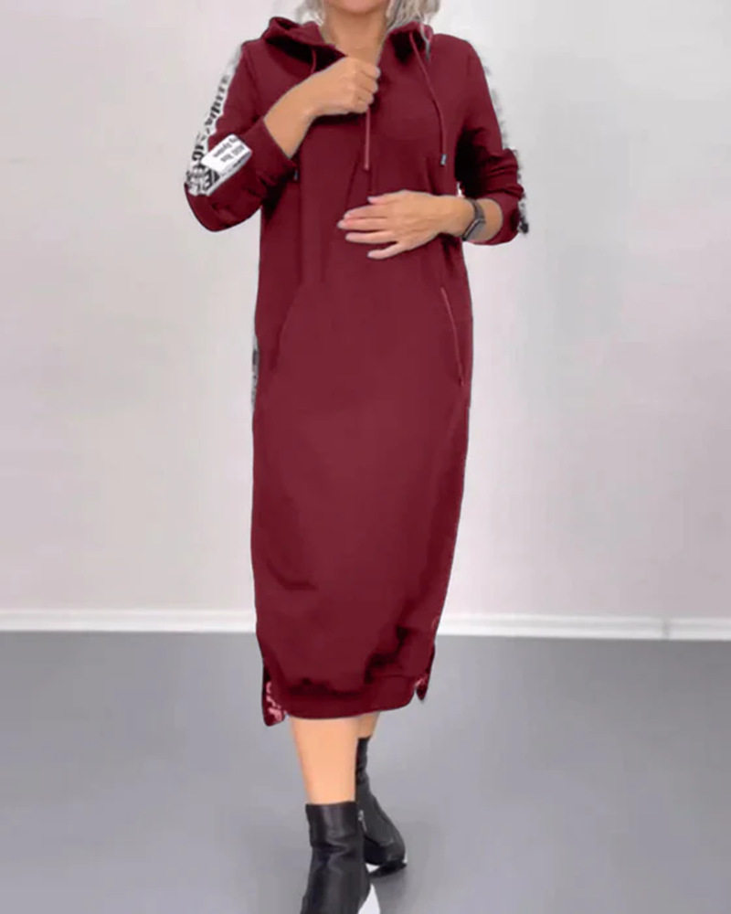 Hooded Long Sleeve Dress Letter Print Split Design Trendy Style Autumn Winter Fashion for Women Wholesale Available