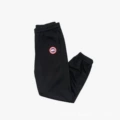 Black pants with red label