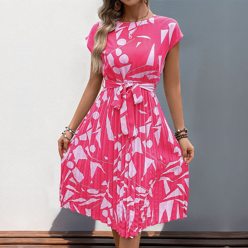 Elegant Abstract Print Pleated Dress Casual Beach Vacation Style Perfect for Summer Events Wholesale Available