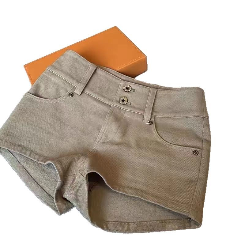 Khaki Low Rise Casual Womens Denim Shorts Loose Fit Stretch Fabric Spring Summer Wear
