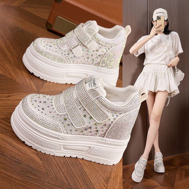 Giày sneaker nữ đế dày chunky trắng phối lưới thoáng khí gót 12 cm — Trắng, Đen