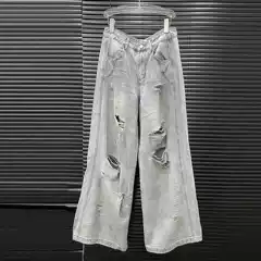 Retro distressed ripped jeans women's pleated design texture straight wide leg pants