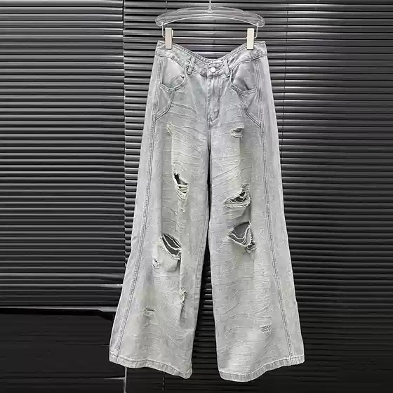 Vintage old worn holes jeans women pleated design muscle sense straight wide-leg pants