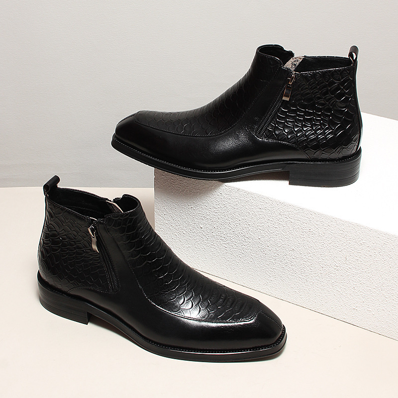 Boot cổ trung da bò dập vân cá sấu khóa kéo đôi phong cách cổ điển — Lớp lót nhung đen, Màu đen lót da, Đỏ rượu bên trong da