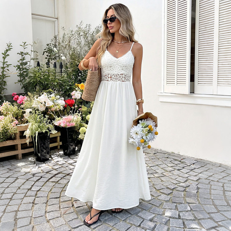 Sleeveless Crochet Embroidered Dress Solid Color Sexy Style Vacation Ready Wholesale Available