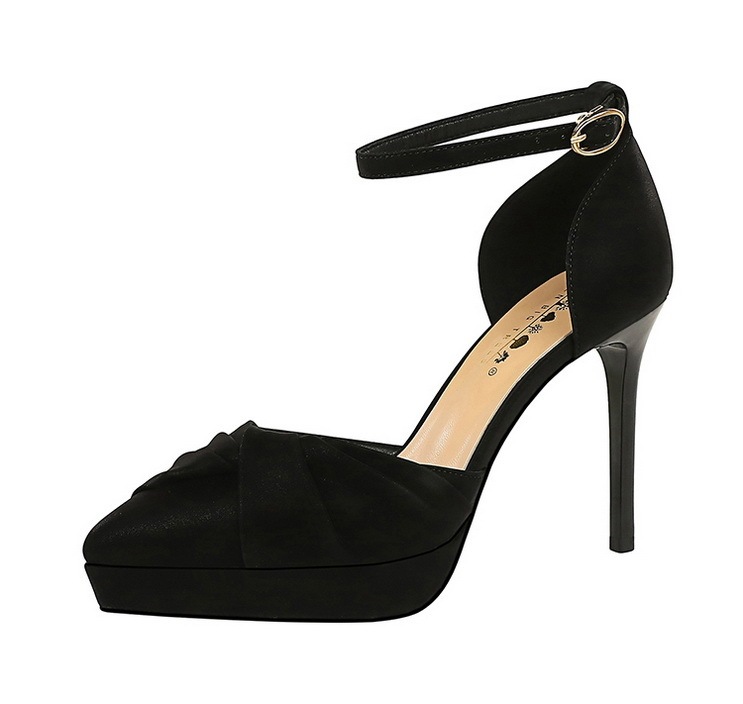 Sandal cao gót nữ mũi nhọn quai ngang đính nơ, đế xuồng 1.5cm, gót mảnh 10.5cm — Màu đen, Màu trắng be