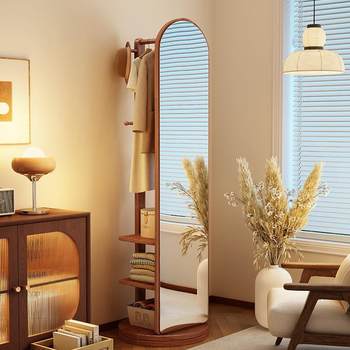 Solid Wood Dressing Mirror Bedroom Floor-Standing Home Coat Rack with Mirror Multi-Functional Corner Rotatable Fitting Mirror Mobile