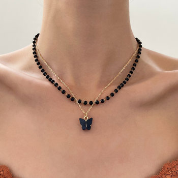 Gothic dark double-layer butterfly pendant necklace European and American retro niche design black beaded clavicle chain necklace