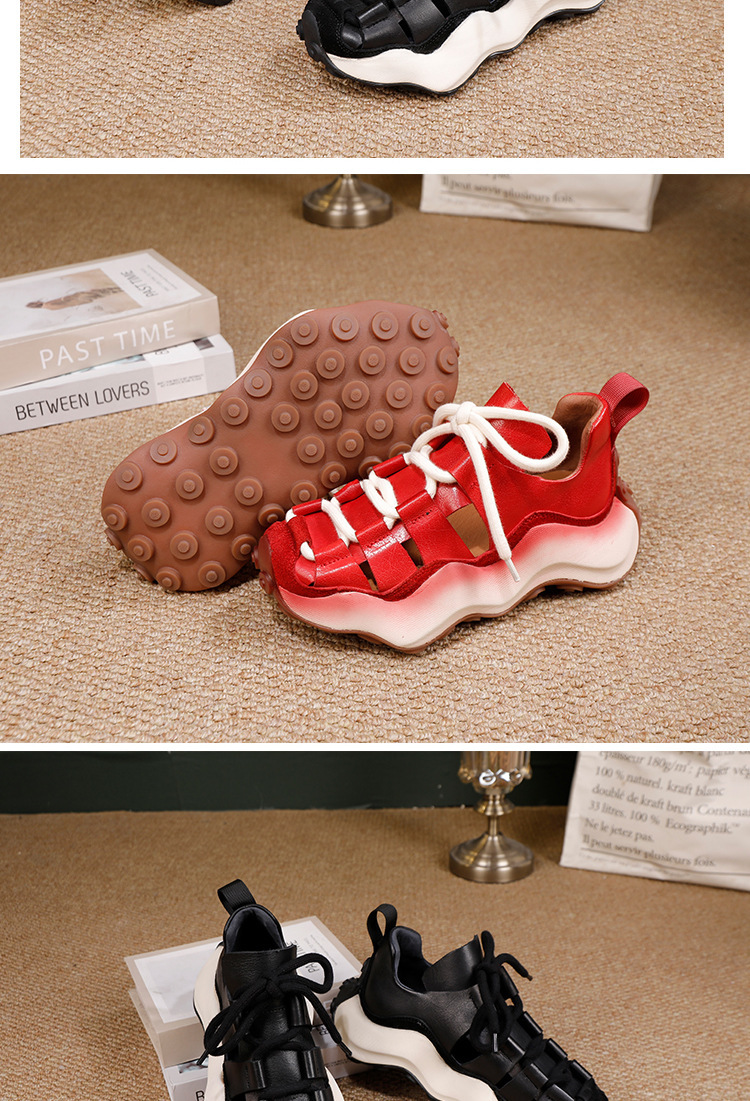 Sandal nữ đế dày mũi tròn thủng lỗ da bò thật — màu đen, màu đỏ