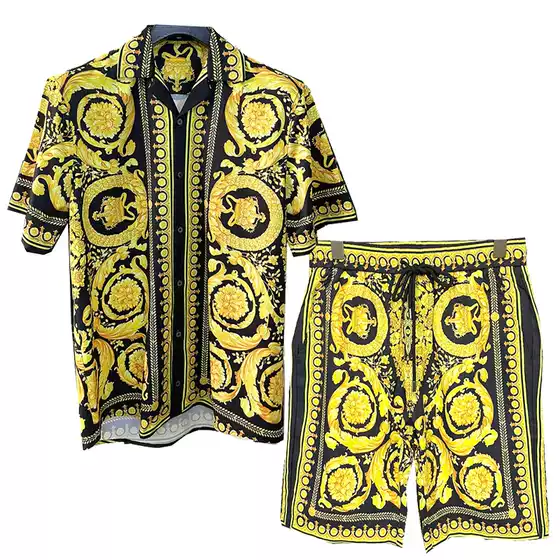 2024 Spring and Summer New European and American Fashion Youth Popular Foreign Trade Cross-Border Digital Printing Men's Short-Sleeved Shirt Suit