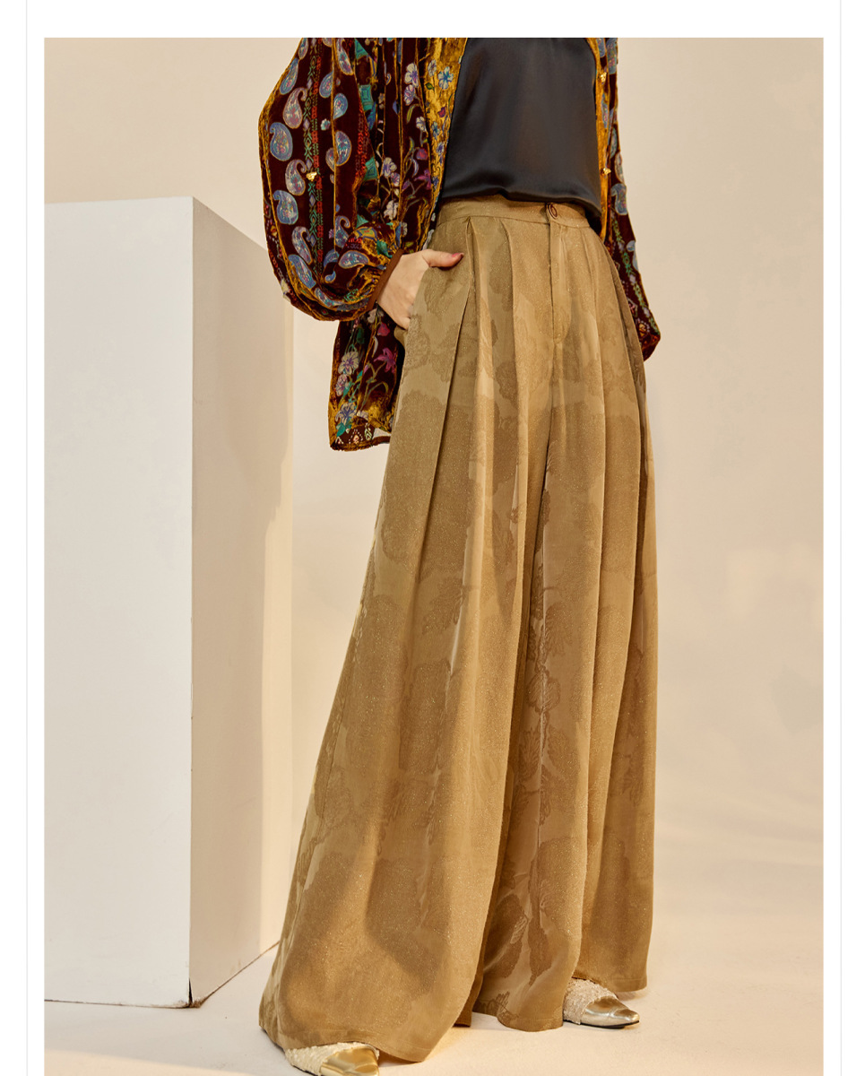 Quần dài ống rộng nữ họa tiết jacquard lụa tơ nhân tạo — Màu trắng nhạt, màu vàng