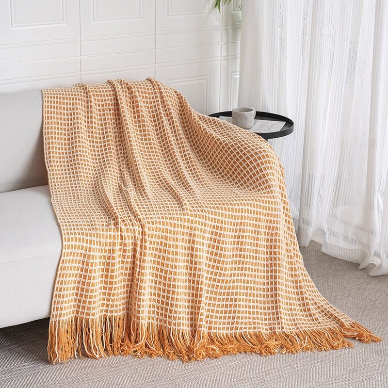 Four Seasons Waffle Tassel Knitted Blanket Modern Simple Bed End Blanket Air-conditioning Blanket Nap Blanket Sofa Blanket Wholesale