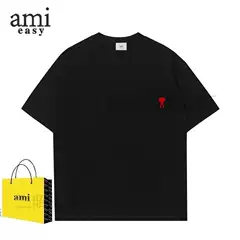 Ami&Easy2025 T-Shirt for Men with Heart Embroidery, Loose Fit, Drop Shoulder Sleeves, Summer Trendy Fashion Short-Sleeve Top, Pure Cotton