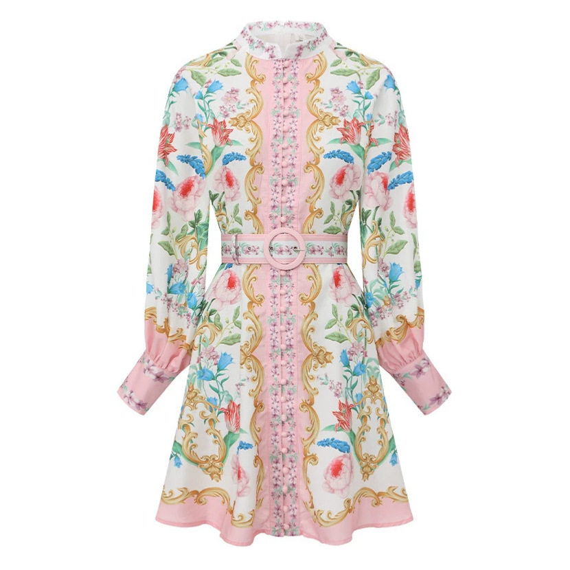 V Neck Lantern Sleeve Floral Print Dress Slim Fit A Line Silhouette Spring Summer Style Perfect for Office Wear