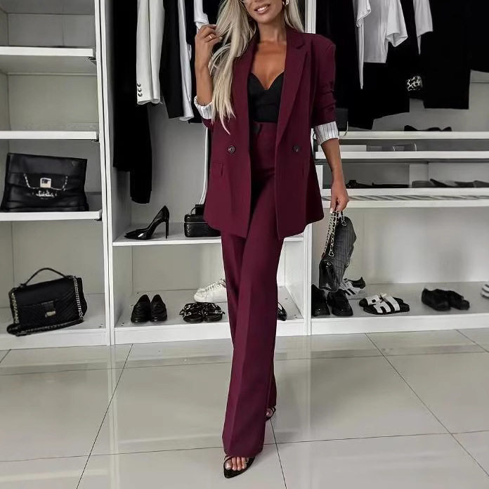 2025 Cross-Border Spring and Autumn Fashion Suit Casual Western Style Slimming Wide-Leg Suit Two-Piece Set