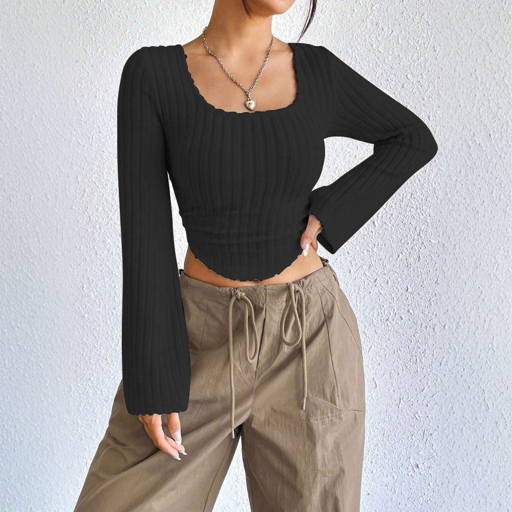 Fashionable Elegant Womens T Shirt Square Neck Flared Long Sleeves Spring Summer Style Wholesale Available