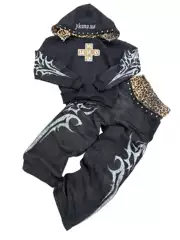 American-Style Black Distressed Sweatshirt Set with Leopard Print Lining and Flame Print Two-Piece Set