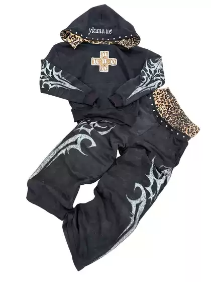 American-Style Black Distressed Sweatshirt Set with Leopard Print Lining and Flame Print Two-Piece Set