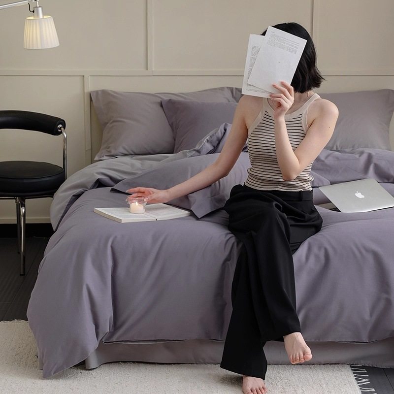 Casual Style 100S High Count Pure Cotton Brushed Four-Piece Set Pure Color Soft Cotton Quilt Cover 1.95m Bedding