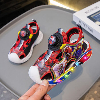 Children's Baotou Rotating Button Sandals Boys 2025 Summer New Spider-Man Mesh Sports Light-Up Shoes