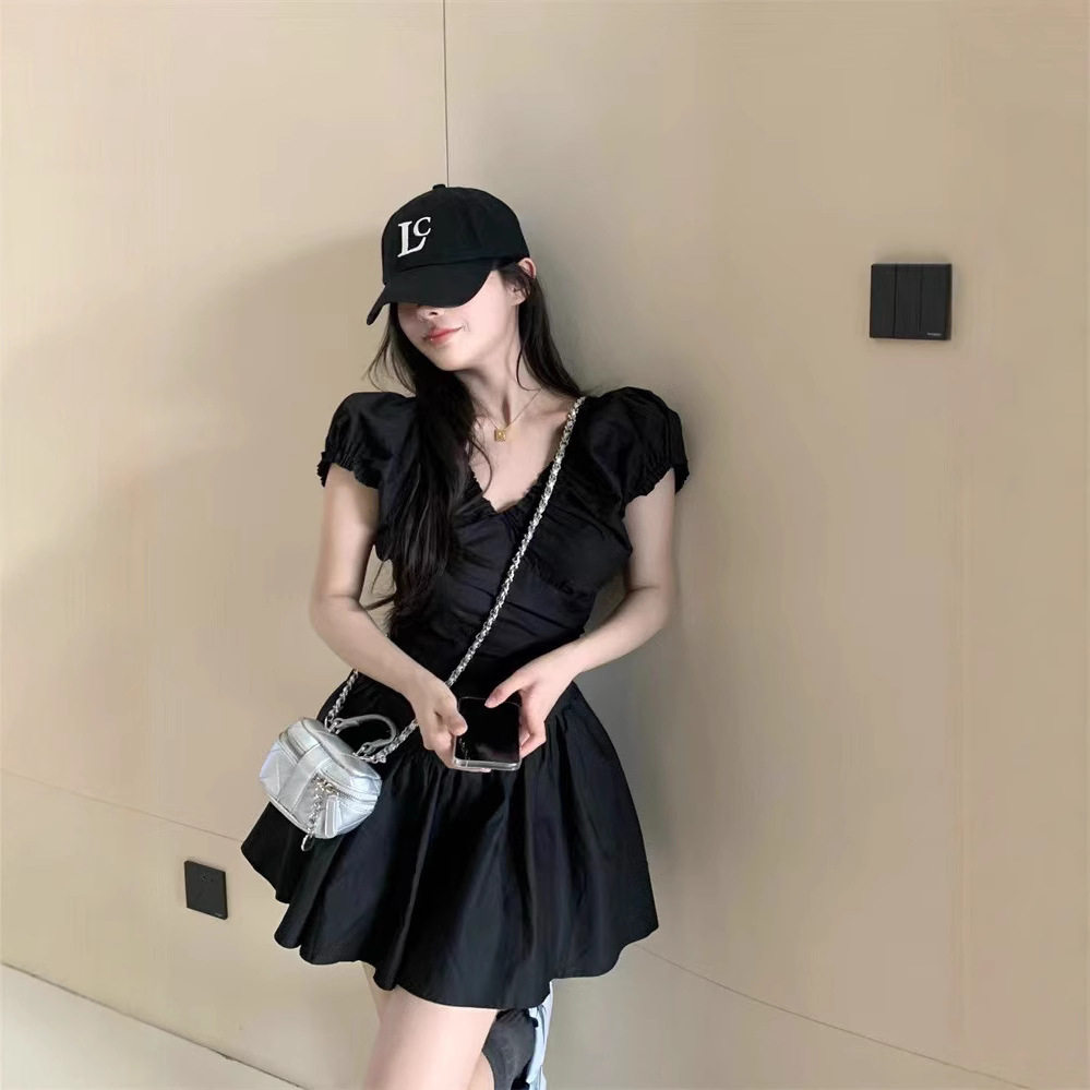 Black V Neck Backless Dress for Women Elegant Design with Pleated Skirt Summer Fashion