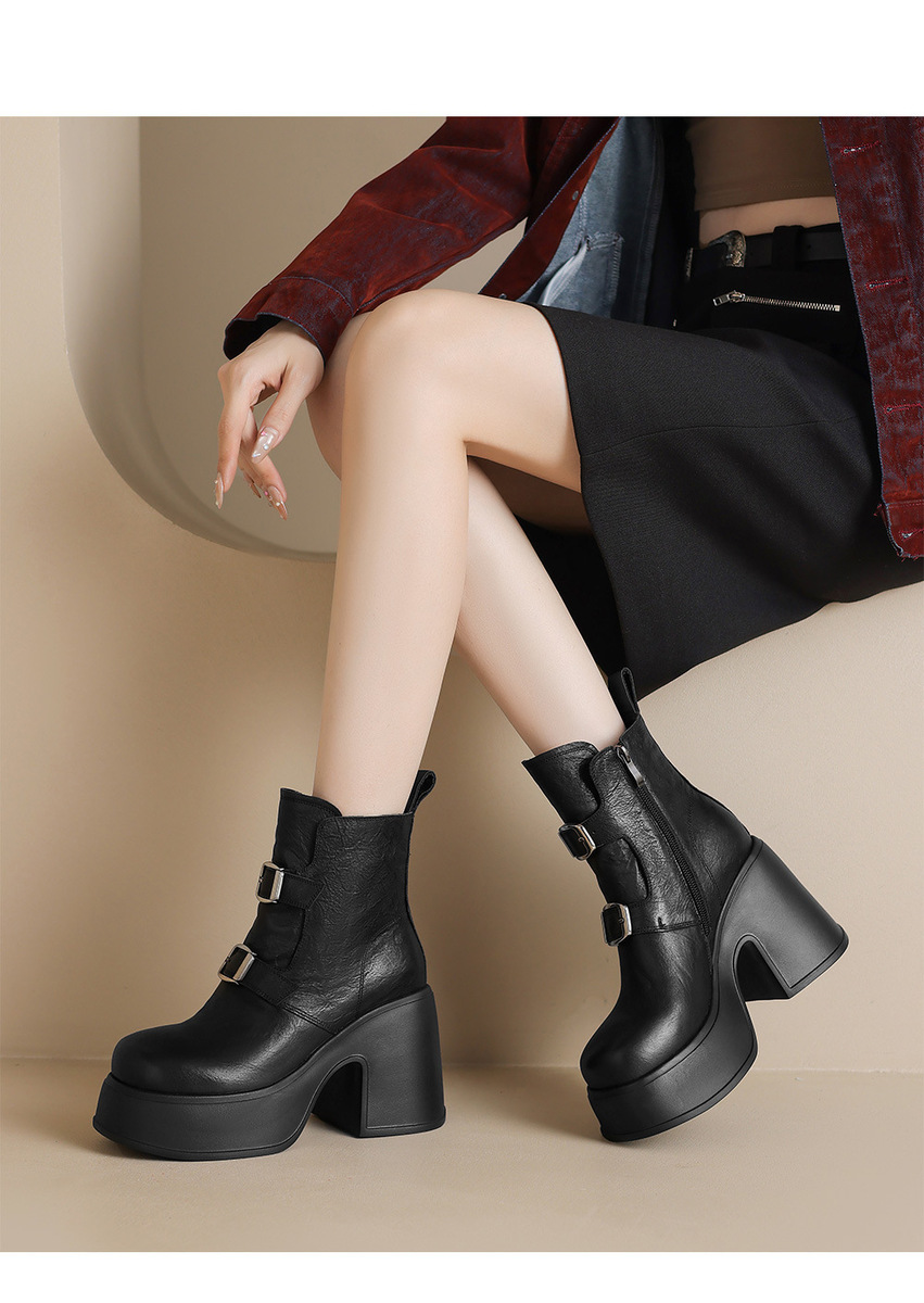 Boot nữ cổ thấp da bò thật khóa kéo bên hông, đế dày tăng chiều cao — Lớp lót đơn màu đen, Lớp lót đơn màu nâu, nhung đen, Nhung nâu