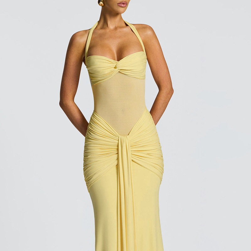 Chic Womens Maxi Dress Halter Neck Sheer Mesh Solid Color Flowing Design Perfect for Parties and Summer Events