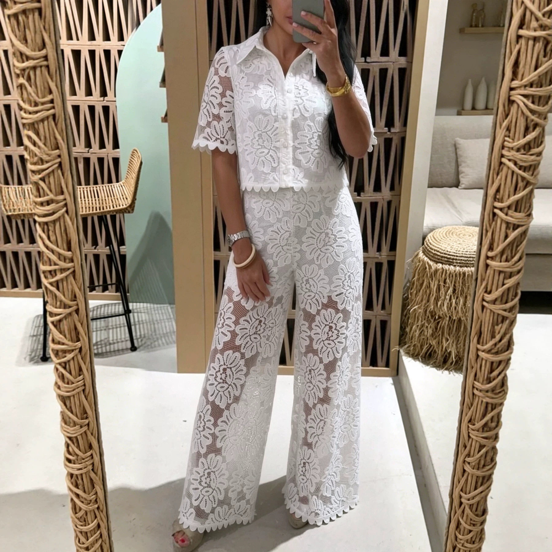 Lace Crochet Short Sleeve Top and High Waist Pants Set Elegant Design Solid Color Comfortable Fit Perfect for Casual