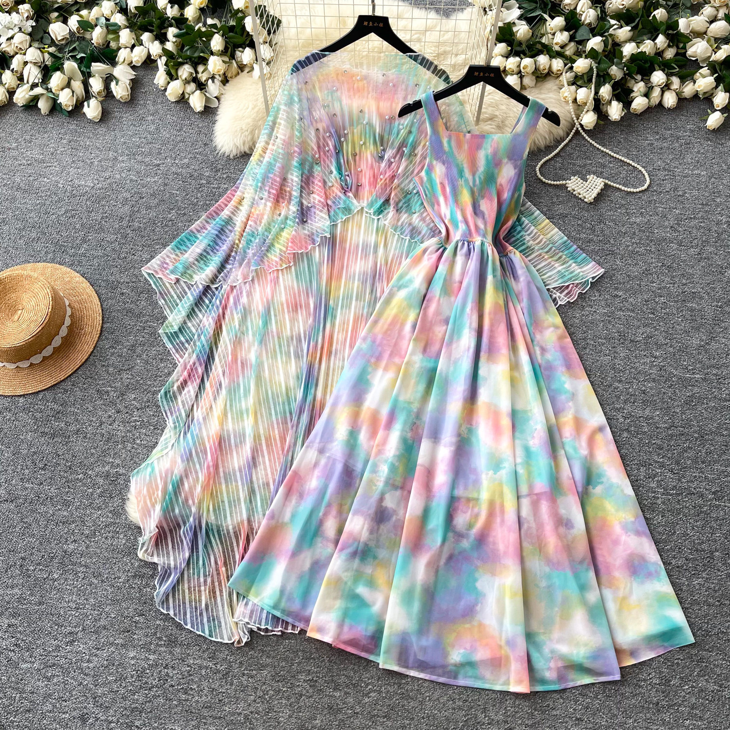 French Style Floral Print Dress Three Quarter Sleeve Waist Defining Slim Fit Beaded Details Summer Casual or Office