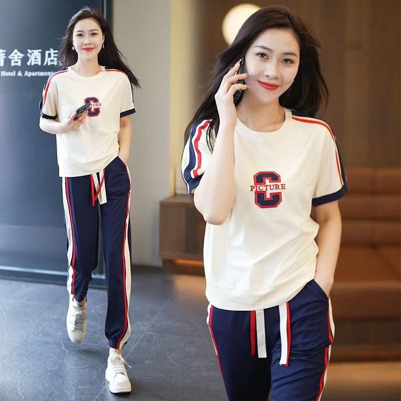Internet Celebrity Sportswear Suit Women's Summer Short-sleeved 2023 New High-end Loose Slimming Running Morning Runner Two-piece Fashionable Suit