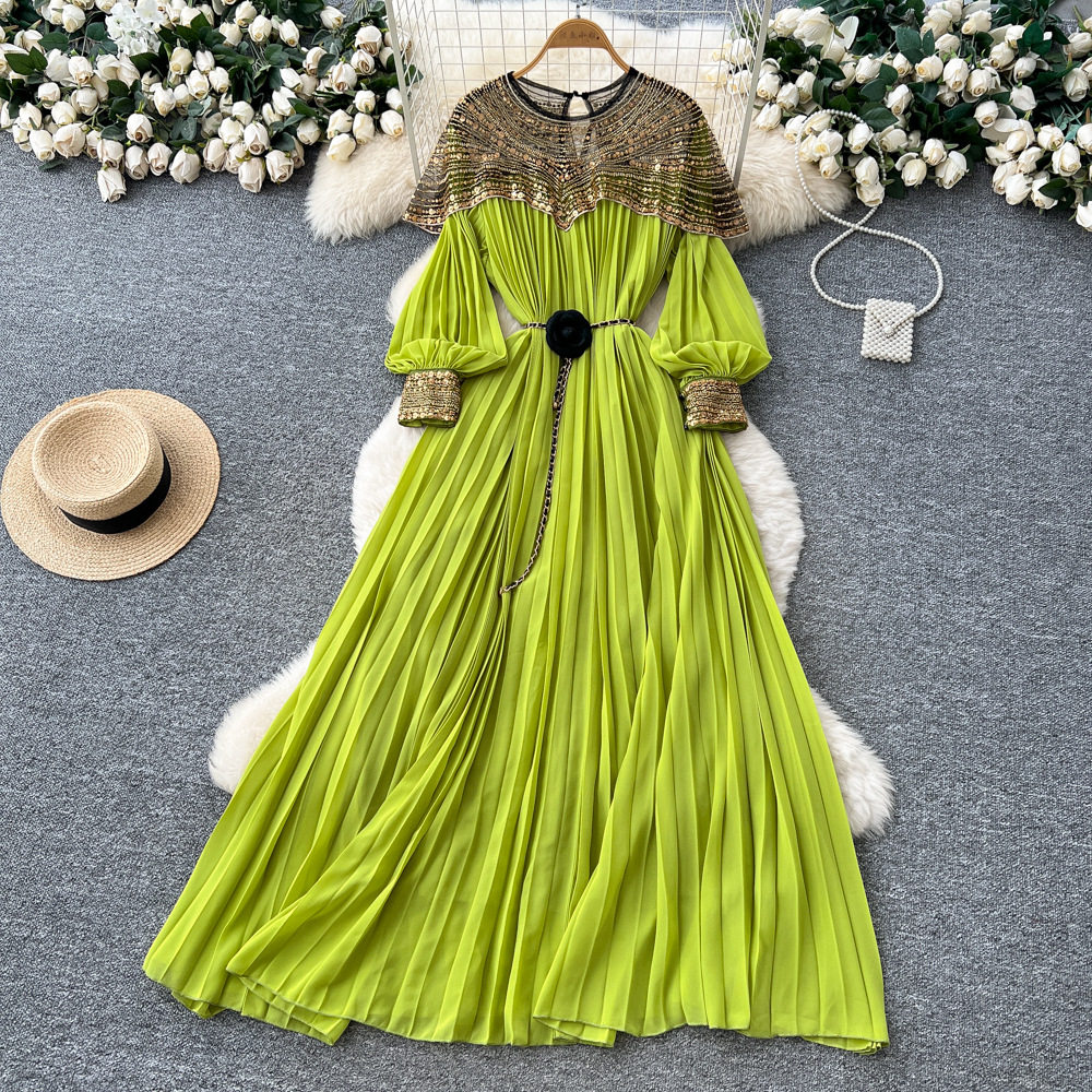 French Style Embroidered Beaded Sequin Mesh Lantern Sleeve Tie Waist Pleated Maxi Dress for Women Elegant Evening Wear
