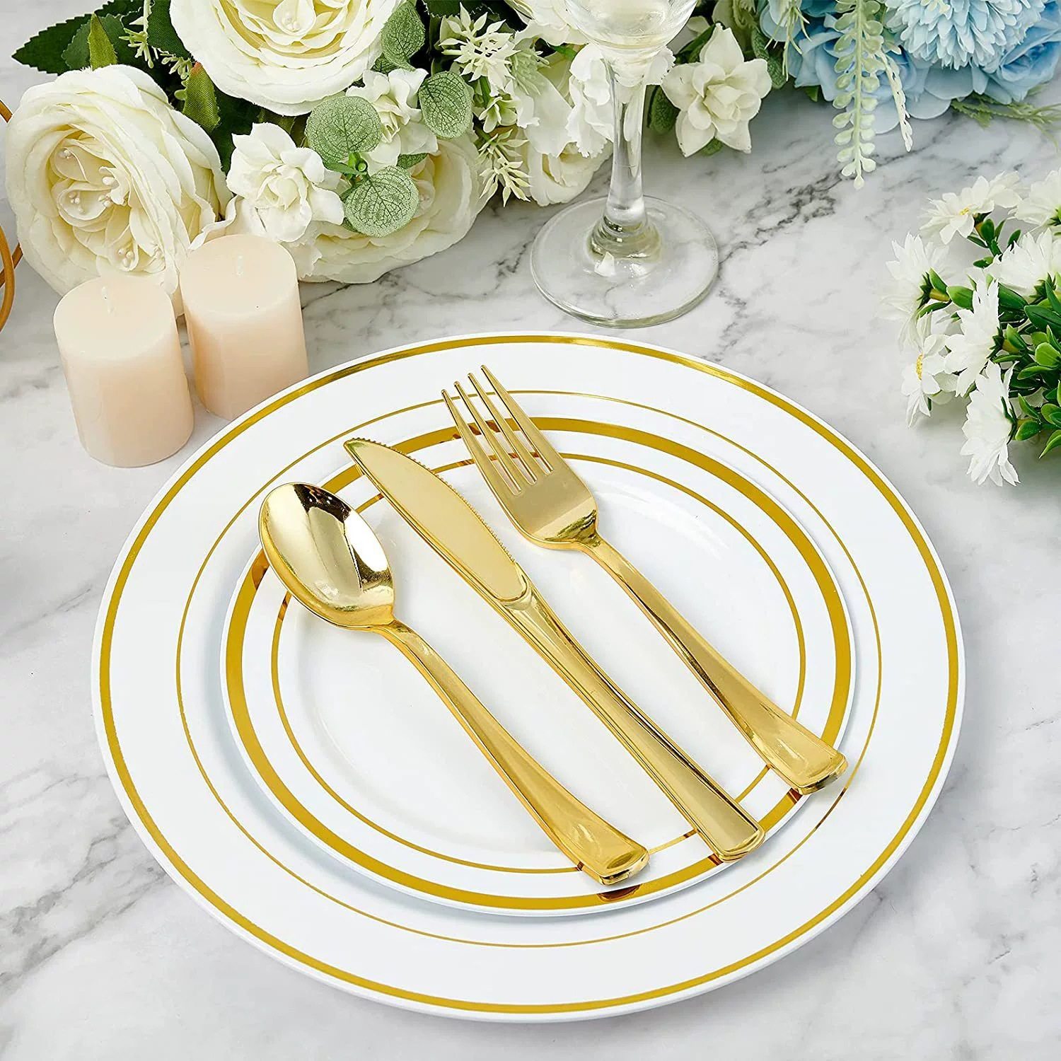 Amazon cross-border PS plastic UV plating golden disposable knife and fork spoon birthday wedding cross-border party tableware