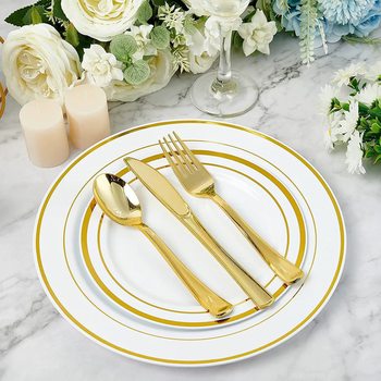 Amazon cross-border PS plastic UV plating golden disposable knife and fork spoon birthday wedding cross-border party tableware