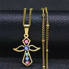 Foreign Trade New Stainless Steel Cross Necklace Women's Rhinestone Angel Wings Pendant-Like Versatile Clavicle Chain