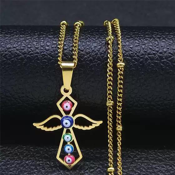 Foreign Trade New Stainless Steel Cross Necklace Women's Rhinestone Angel Wings Pendant-Like Versatile Clavicle Chain