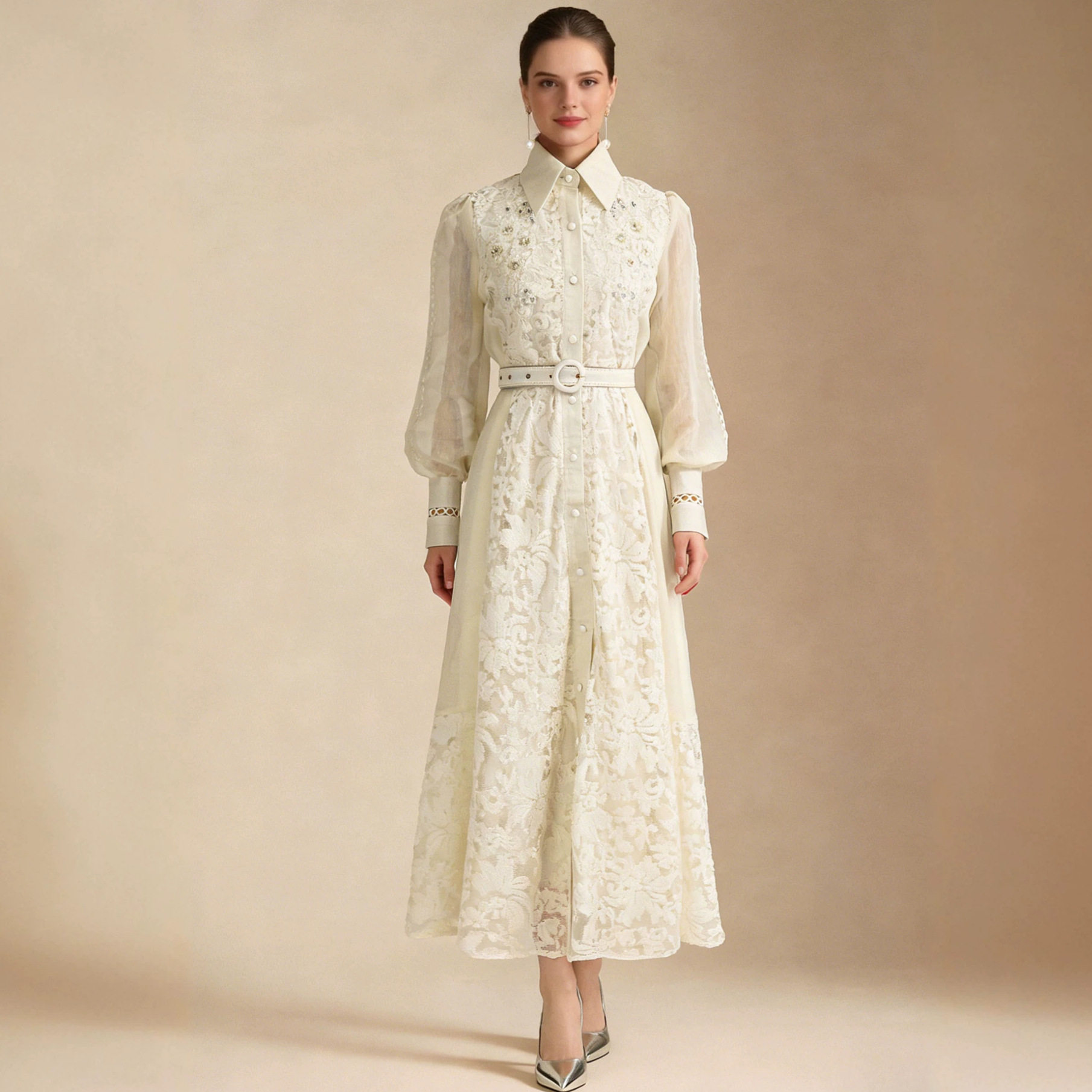 Elegant Long Sleeve Dress with Sequined Mesh Panels Lace Waist Tie Flared Skirt Perfect for Formal Occasions