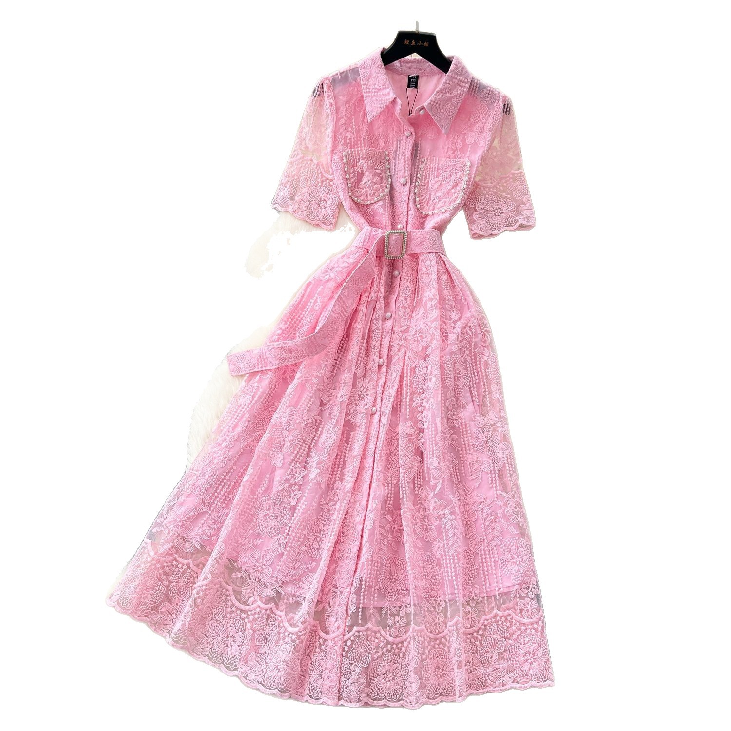 French Style Elegant Beaded Pocket Short Sleeve Dress Fitted Waist Floral Embroidery Mesh Fabric Evening Wear