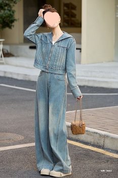 2025 Spring and Autumn Fashion Denim Suit Women's New Lapel Short Jacket Wide Leg Pants Western Style Casual Slimming Two-Piece Set
