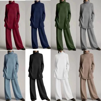 2025 European and American Spring and Autumn Amazon Aliexpress New Knitted Solid Color High-Neck Loose Casual Two-Piece Set