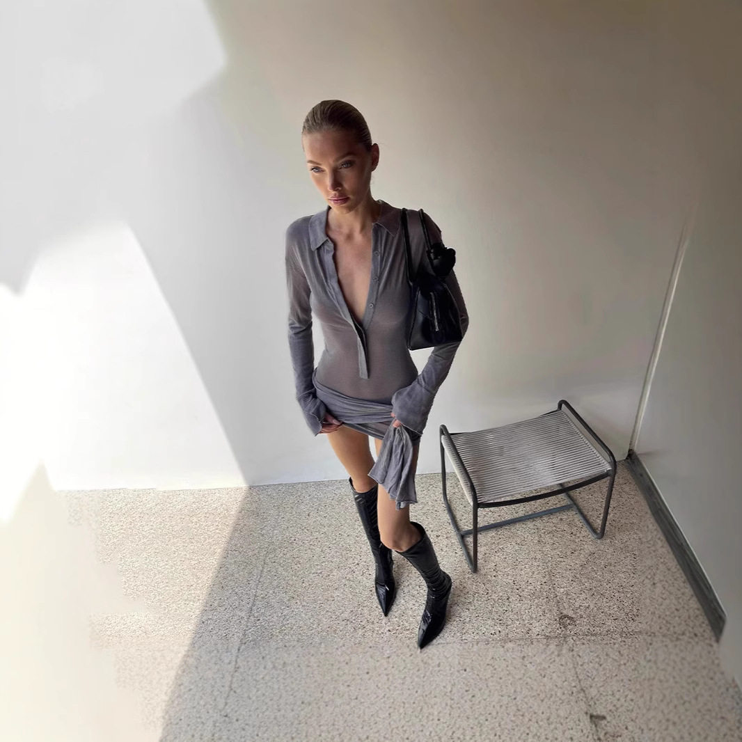 Womens Long Sleeve Polo Dress Slim Fit Button Closure Solid Color Adjustable Tie Winter Fashion Wholesale