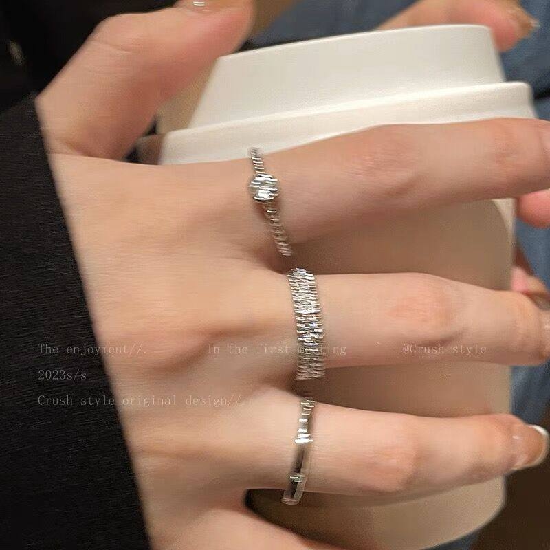 ins时尚简约气质高级感套戒女个性几何素圈锆石开口戒指3件套