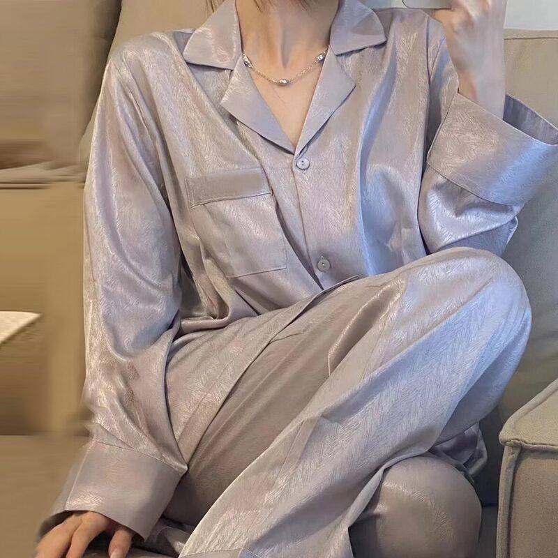 ins网红花边长袖简约黑春秋季长袖长裤开衫睡衣女甜美宽松家居服