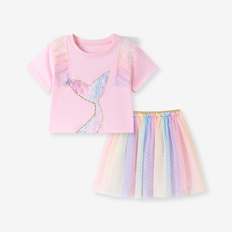 New Summer Girls' Mesh Dress Set, Cartoon Cute Style Kids' Outfit