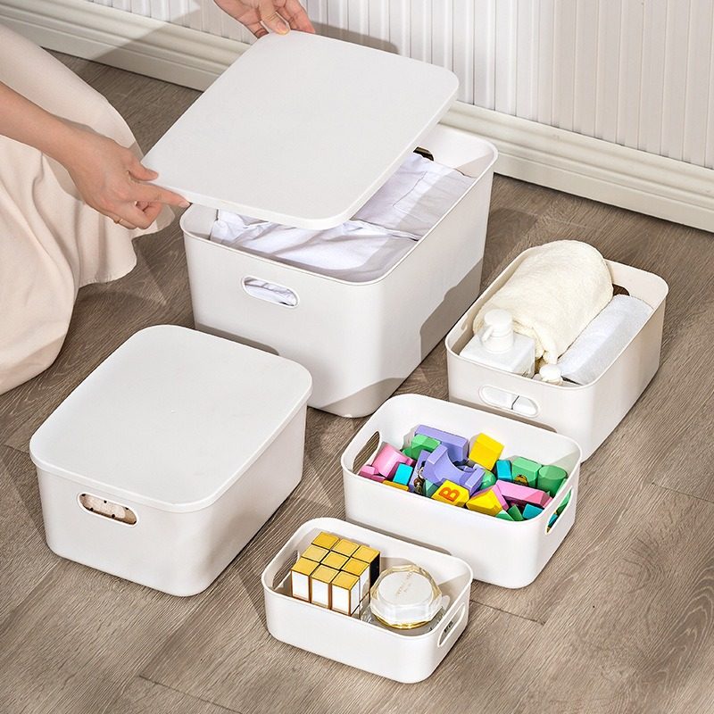 Desktop Organizing Plastic Storage Basket with Lid, Multi-Functional Storage Box, Portable Dust-Proof Toy and Snack Storage Box