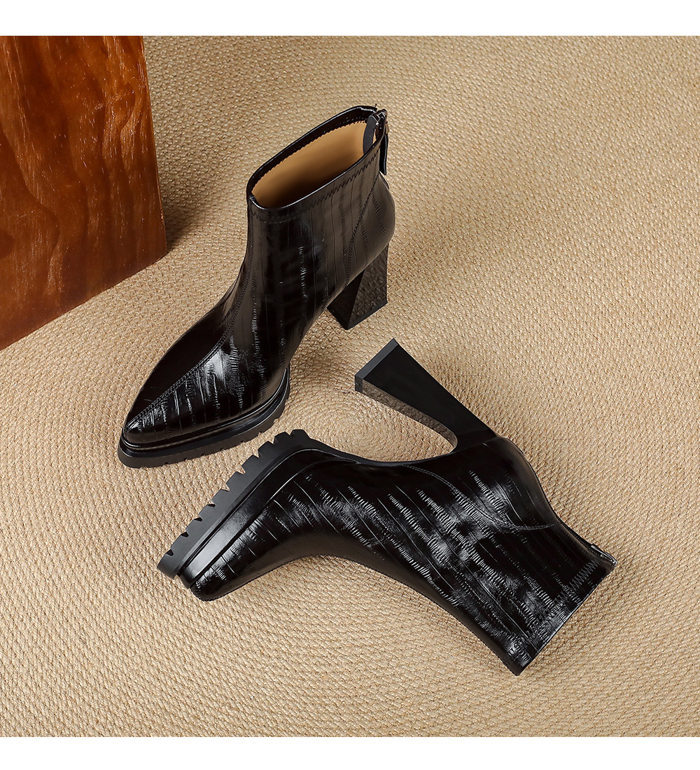 Boot nữ cao gót 10cm mũi nhọn da thật, cổ thấp gót vuông khóa kéo sau — Bảng màu nâu, Màu đen bên trong, Màu nâu., Trong danh sách đen